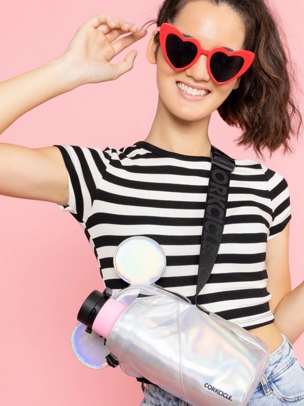 Corkcicle Iridescent Silver Mickey Crossbody Bottle Bag with Pink Cap